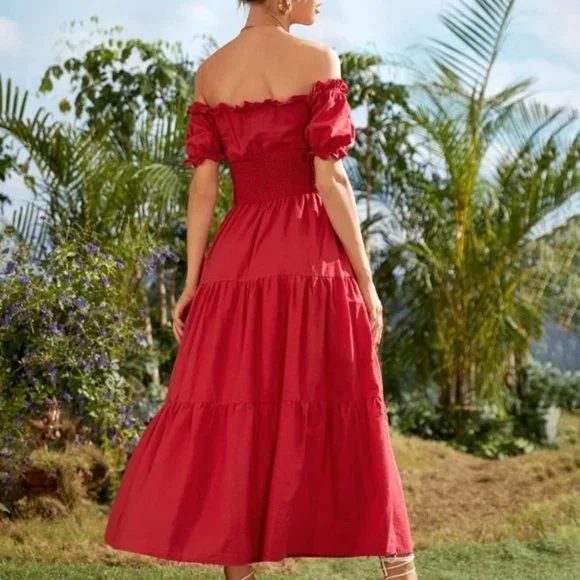 Red Boho Off Shoulder Flounce Sleeve shabby chic Shirred cottagecore Maxi Dress - Picture 2 of 5